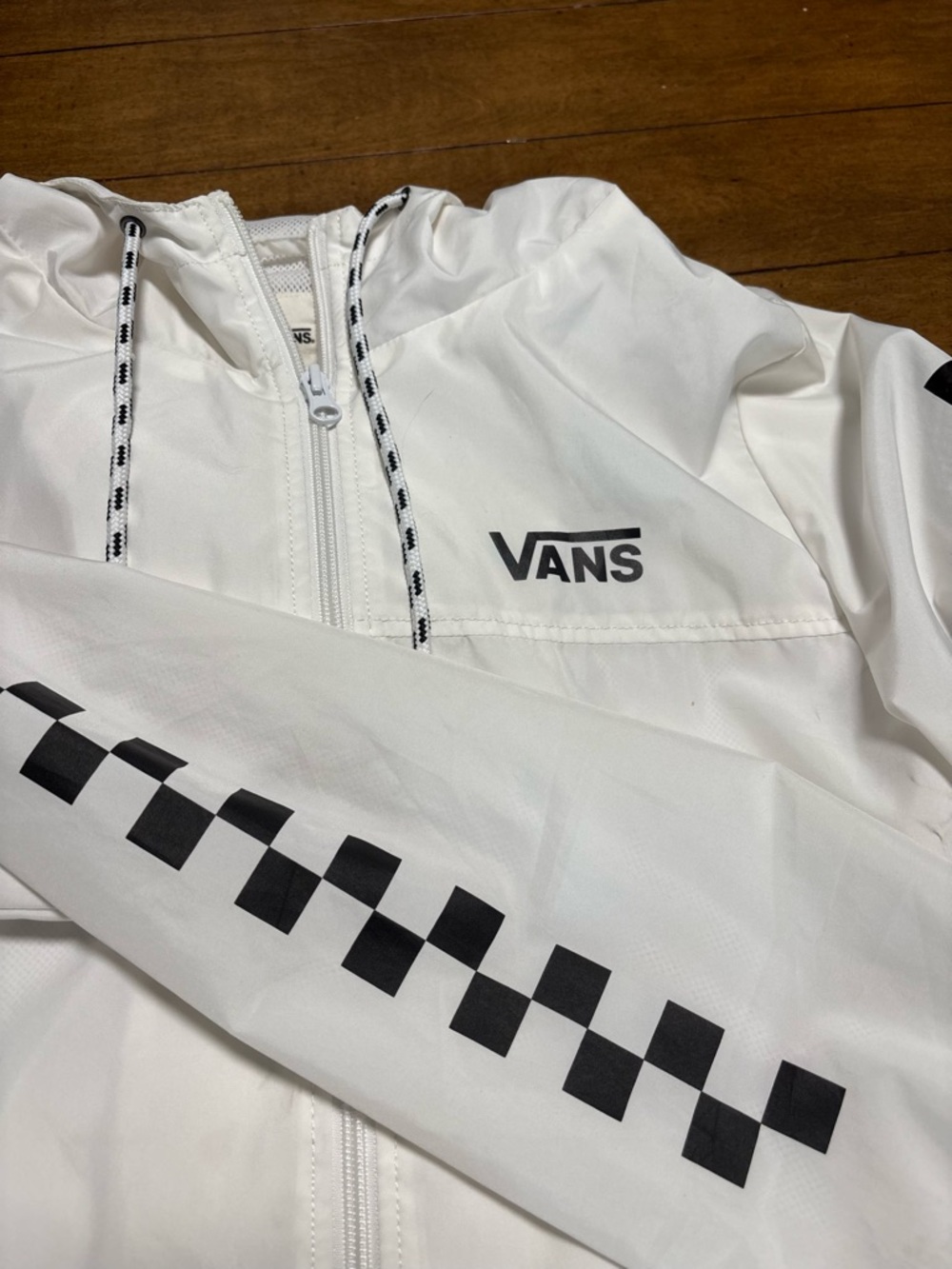 Vans White Hooded Jacket with Black Checkerboard Sleeve
